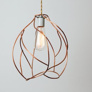 May include: A copper wire pendant light fixture with a single light bulb. The light fixture is shaped like a sphere with a swirling, organic design.