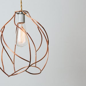 May include: A copper wire pendant light fixture with a clear glass bulb. The light fixture is shaped like a sphere and has a delicate, organic design.