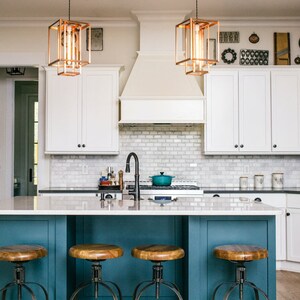 Pendant Lighting - Modern Geometric Chandelier - Rustic Minimalist Rectangle Light - Copper or Brass - Exposed Edison Bulb - Farmhouse Decor