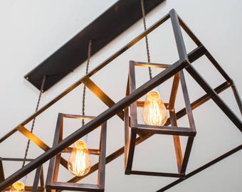 Rustic Industrial Chandelier Lighting - Minimalist Copper Geometric Edison Bare Bulb - Modern - Farmhouse - Oil Rubbed Bronze