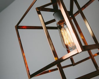 Pendant Lighting - Copper Pendant - Geometric Copper Hanging Pendant Light Chandelier with Copper Ceiling Canopy - Statement Light