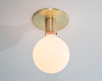 Brass Flush Mount Ceiling Light or Wall Sconce - Small Lamp - Minimalist Lighting - Natural Brass Finish