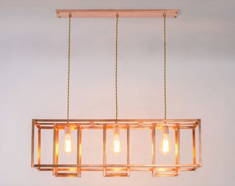 Modern Farmhouse Chandelier - Copper Cage Long Chandelier - Exposed Edison Bulb - Modern Industrial - Level or Vaulted Ceiling