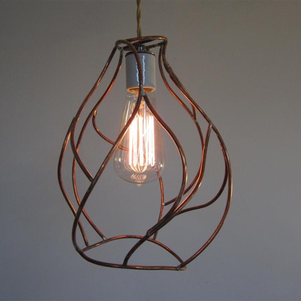 Bare Bulb Pendant Lamp - Industrial Cage Lighting - Artistic Copper Sculpture