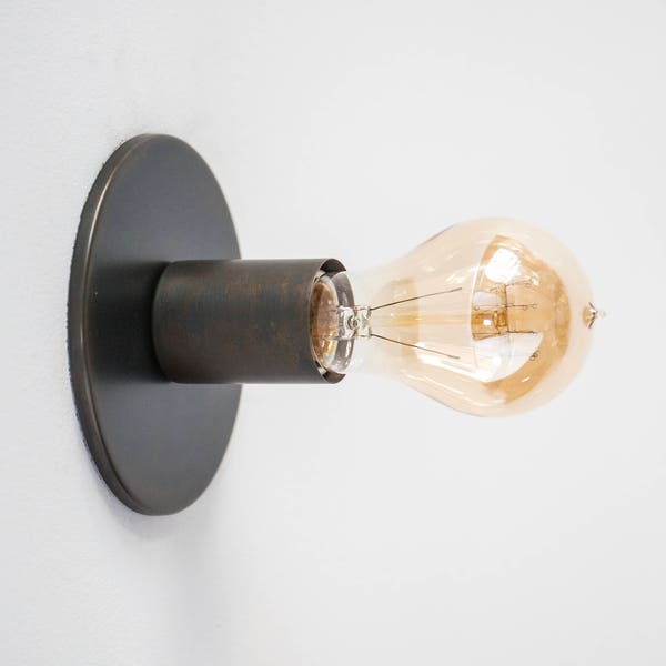 Wall Light or Ceiling Light - Sconce or Flush Mount - Minimalist Industrial Lighting - Exposed Edison Bulb - Outdoor - Brown Black Bronze