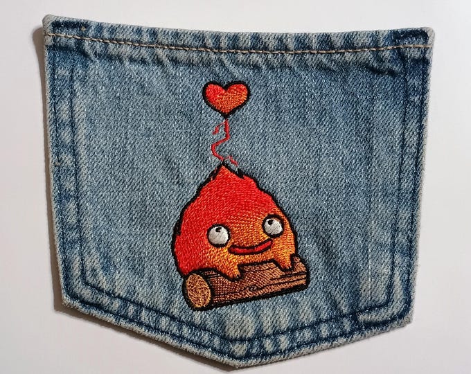 Pair of Embroidered Denim Pockets – Anime Fire Character, Upcycled Jeans