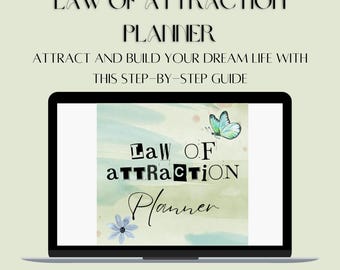 Może przedstawiać: Ekran laptopa wyświetlający cyfrowy planer z akwarelowym tłem i tekstem "Law of Attraction Planner". Tekst jest w stylizowanej czcionce z grafiką motyla i kwiatu. Tekst "Nurture & Note" znajduje się na dole ekranu.