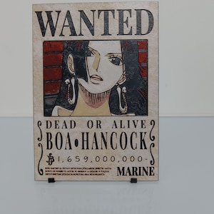 Può includere: Un manifesto di ricerca con un'immagine di cartone animato di Boa Hancock, un personaggio femminile con lunghi capelli neri e un vestito rosso. Il manifesto ha uno sfondo di mattoni rossi e il testo "WANTED", "DEAD OR ALIVE", "BOA HANCOCK", "$ 1.659.000.000 -" e "MARINE".