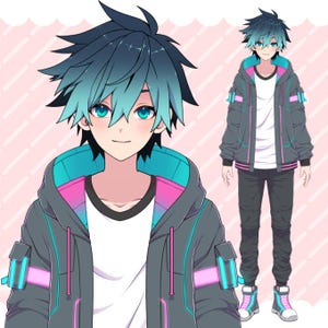May include: A young person with blue and teal hair wearing a black and grey hooded jacket with pink and blue accents. The jacket has a zipper and a drawstring hood. The person is also wearing a white t-shirt and black pants.