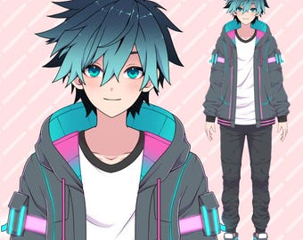 Premade FullBody Live2d Male VTuber Model: Tech Blue Boy, Customizable Rigged Twitch Virtual Avatar Ready to Use, Handsome, Expressive
