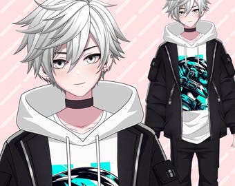 Premade FullBody Live2D Male VTuber Model: White Hoodie and Jacket Boy, Twitch Virtual Avatar Ready to Use, Expressive, Rigged, Emo