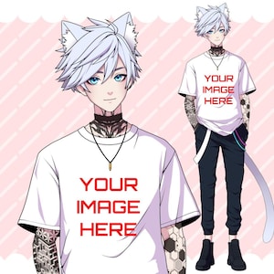 May include: Illustration of a character with white hair, blue eyes, and cat ears, wearing a white t-shirt with the text "YOUR IMAGE HERE". The character has tattoos on their arms and neck, and is wearing black pants and boots. A tail is visible.