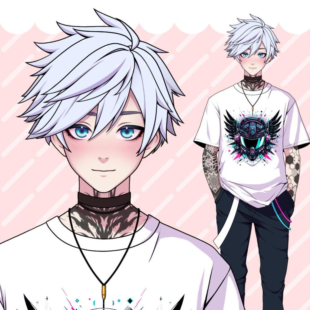 Premade FullBody Live2d Male VTuber Model: White Bad Rebel Rock Boy with Tattoos, Rigged, Twitch Virtual Avatar Ready to Use, Expressive