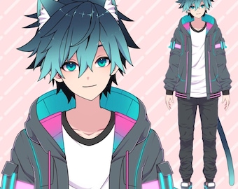 Premade FullBody Live2d Male VTuber Model: Tech Cat Blue Boy, Customizable Rigged Twitch Virtual Avatar Ready to Use, Handsome, Expressive