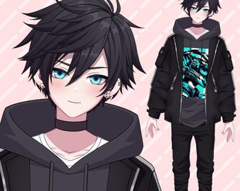 Premade FullBody Live2D Male VTuber Model: Black Hoodie and Jacket Boy, Twitch Virtual Avatar Ready to Use, Emo, Cute, Expressive