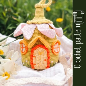 Virkmönster för pastellblommor i älvhus / Amigurumi Fantasy Cottage-handledning / Trädgårdstomtehus PDF
