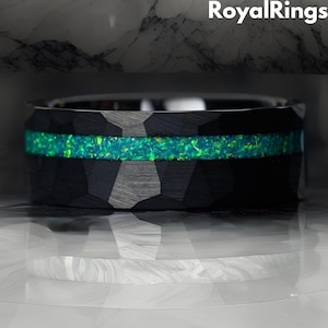 Men Green Opal Ring, Hammer Wedding Band, 8mm Green Ring, Black Tungsten Ring, Opal Bands, Green Ring, Promise Band, Perfect Gift For Him