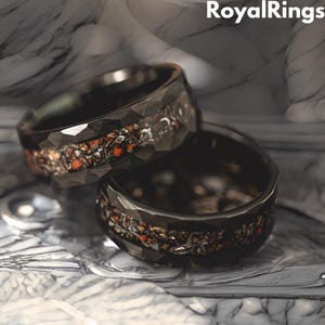 Dinosaur bone & Meteorite ring, 8mm Hammered Brushed Tungsten Band, Men&#39;s Ring, dinosaur bone ring, Black Wedding Band, Perfect Gift For Him
