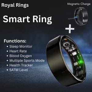 以下が含まれることがあります： 「Royal Rings」と「Smart Ring」の文字が入った黒いスマートリング。リングにはマグネット充電器があり、睡眠モニタリング、心拍数、血中酸素などの機能が表示されます。リングは5ATMレベルです。