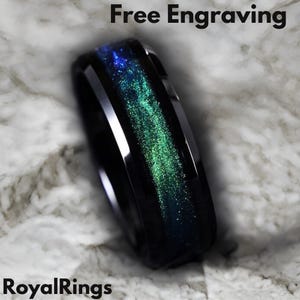 Galaxy Green Opal Black Tungsten Wedding Ring,8mm Outer Space Ring Mens/Womens, Black Ring, Promise Band, Anniversary Gift, Free Engraving