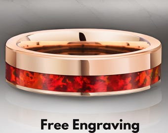 Red Opal Inlay Tungsten Wedding Ring, 6mm Rose Gold Band, Comfort Fit, Personalized