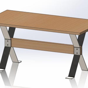 May include: A rectangular wooden table with a light brown tabletop. The table has a unique design with X-shaped legs made of black and silver metal. The table is designed for indoor use.