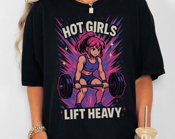 Comfort Colors® "Hot Girls Lift Heavy" Anime Workout T-Shirt, Gym Girl Weightlifting Tank Top, Aesthetic Fitness Apparel for Strong Women