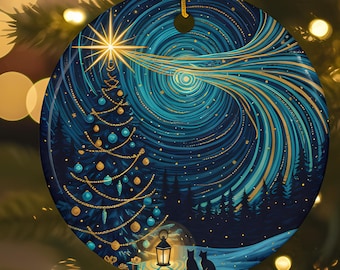 Starry Night Cat Christmas Ornament, Blue Night Sky Tree Scene, Round Ceramic, Cat Lover Gift, Winter Night Decor, Pet Lover Gift, Blue Gold