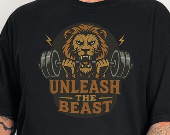 Comfort Colors® "Unleash The Beast" Lifting T-Shirt, Lion Bodybuilding Sweatshirt, Powerlifter Barbell Hoodie or Tank Top