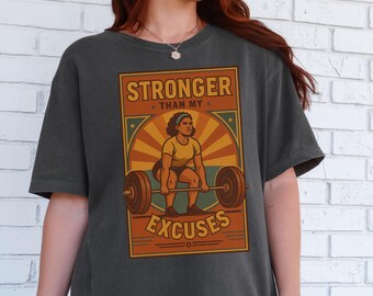Comfort Colors® "Stronger Than My Excuses" Retro Women's Tank Top, 70's Gym Graphic Tee, Female Powerlifting Vintage Crewneck Sweatshirt