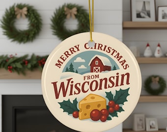 Wisconsin Christmas Ornament, Barn and Cheese with Cranberries, Snowy Farm Scene, Double Sided 3 Inch Ceramic, Midwest State Holiday Gift