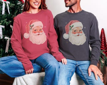 Comfort Colors® Vintage Style Santa Shirt, Retro Santa Face Tee, Pink Santa Christmas T Shirt, Mid Century Modern Santa Clause Face Shirt