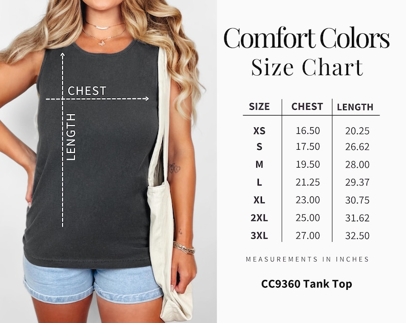 May include: A dark gray tank top with a size chart. The chart displays chest and length measurements in inches for sizes XS to 3XL. The text "Comfort Colors Size Chart" is at the top. The tank top is labeled "CC9360 Tank Top."