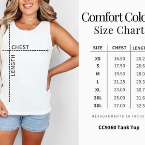 May include: White tank top with a size chart. The chart lists chest and length measurements in inches for sizes XS to 3XL. The tank top is labeled "CC9360 Tank Top".