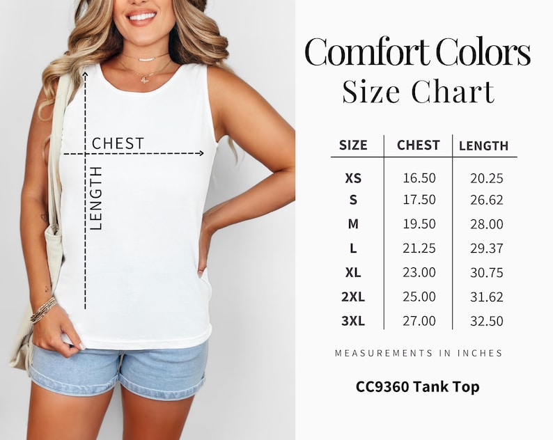 May include: White tank top with a size chart. The chart lists chest and length measurements in inches for sizes XS to 3XL. The tank top is labeled "CC9360 Tank Top".