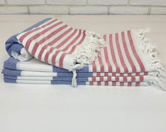 Red Blue White Turkish Towel 40x70", Striped Sand Free Beach Towel, Handmade Organic Cotton Bathroom Bath Towel, Thin Towel Throw Blanket