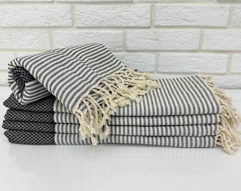 Linen Turkish Towel Striped Black&White 40x70", Thin Beach Towel Sand Free, Hand Body Bathroom Kitchen Towel Set, Organic Cotton Towel Throw