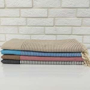 Natural Linen Turkish Towels Striped 40x70&quot;, Thin Beach Towel Sand Free, Hand Body Kitchen Bathroom Towel Set, Organic Cotton Towel Throws