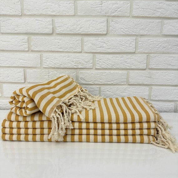 Mustard Yellow Turkish Towel Set 40x70", Striped Absorbent Pool Beach Towel, Handmade Organic Cotton Bathroom Towel Set, Towel Throw Blanket