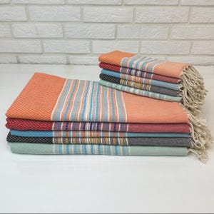 Striped Colorful Linen Hand Body Towel Set, Boho Chic Linen Throw Blanket, Multicolor Turkish Beach Towel 40x70&quot;, Luxury Bathroom Towel Set