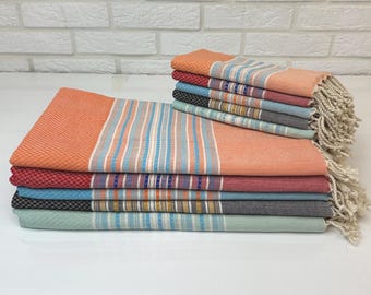 Striped Colorful Linen Hand Body Towel Set, Boho Chic Linen Throw Blanket, Multicolor Turkish Beach Towel 40x70", Luxury Bathroom Towel Set