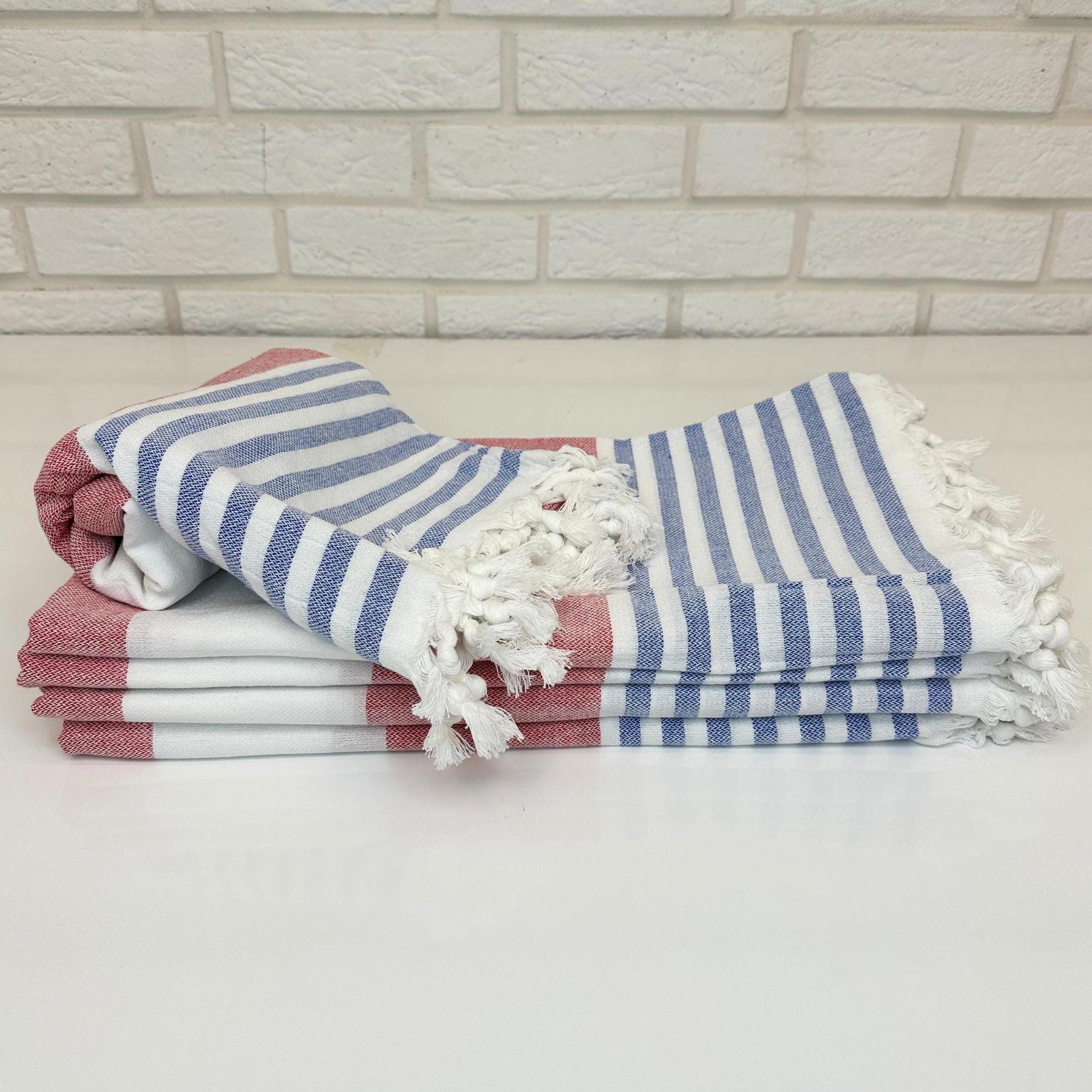 Blue Red White Turkish Towel 40x70", Striped Quick Dry Beach Towel, Handmade Cotton Bathroom Towel,Thin Throw Blanket,Baby Shower Party Gift