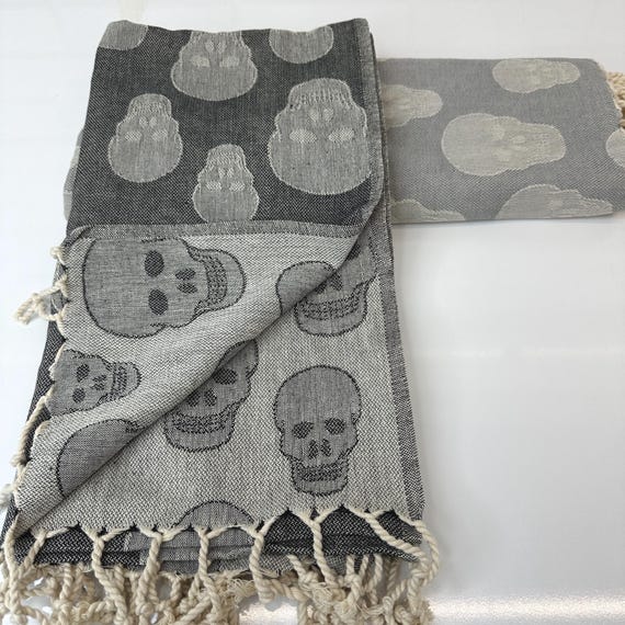 Skull Pattern Jacquard Turkish Beach Towel 40x70", Organic Cotton Soft Pool Travel Towel Gift, Bathroom Towel,Decorative Skull Throw Blanket