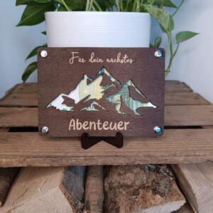 Geschenkkarte aus Holz – Geldgeschenk Abenteuer | Holzkarte für Reise, Erlebnis, Urlaub, handgefertigt, individuell & nachhaltig