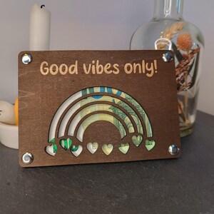 Geschenkkarte aus Holz – handgefertigte Geldgeschenk Verpackung | Holzkarte für Gutschein Hochzeit, Geburtstag, individuell, Good Vibes only