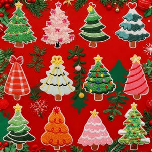 May include: Embroidered Christmas tree patches in various colours and designs. The patches feature stars, bows, and ornaments, with a red background and green garland.
