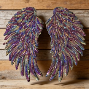 Può includere: Due ali d'angelo decorative con una finitura scintillante e iridescente. Le ali presentano un gradiente di colori, tra cui viola, blu e oro, creato da innumerevoli paillettes. Le ali sono progettate per la decorazione murale.