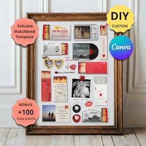 Puede incluir: Un collage enmarcado con plantillas de cajas de cerillas, fotos y gráficos. Incluye una cámara vintage, un disco de vinilo y una postal. El texto incluye "IN-N-OUT Burger", "ED SHEERAN", "SYDNEY" y "Since 2023".