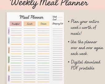Planificador de comidas semanal imprimible: Diario de comidas, lista de la compra (descarga en PDF)
