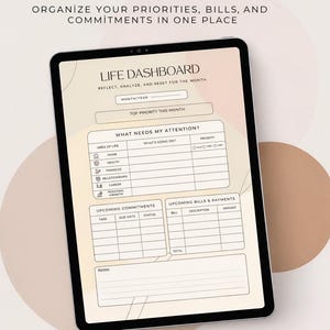 Monthly Life Dashboard Planner, Bill Tracker, Life Admin Organizer (PDF Download, US Letter Size)